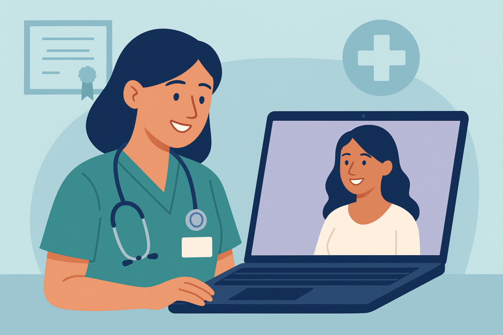 Licensed telehealth provider on video call with patient in a private home setting