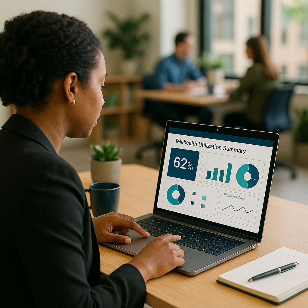 HR manager reviewing a one-page monthly utilization summary on a laptop